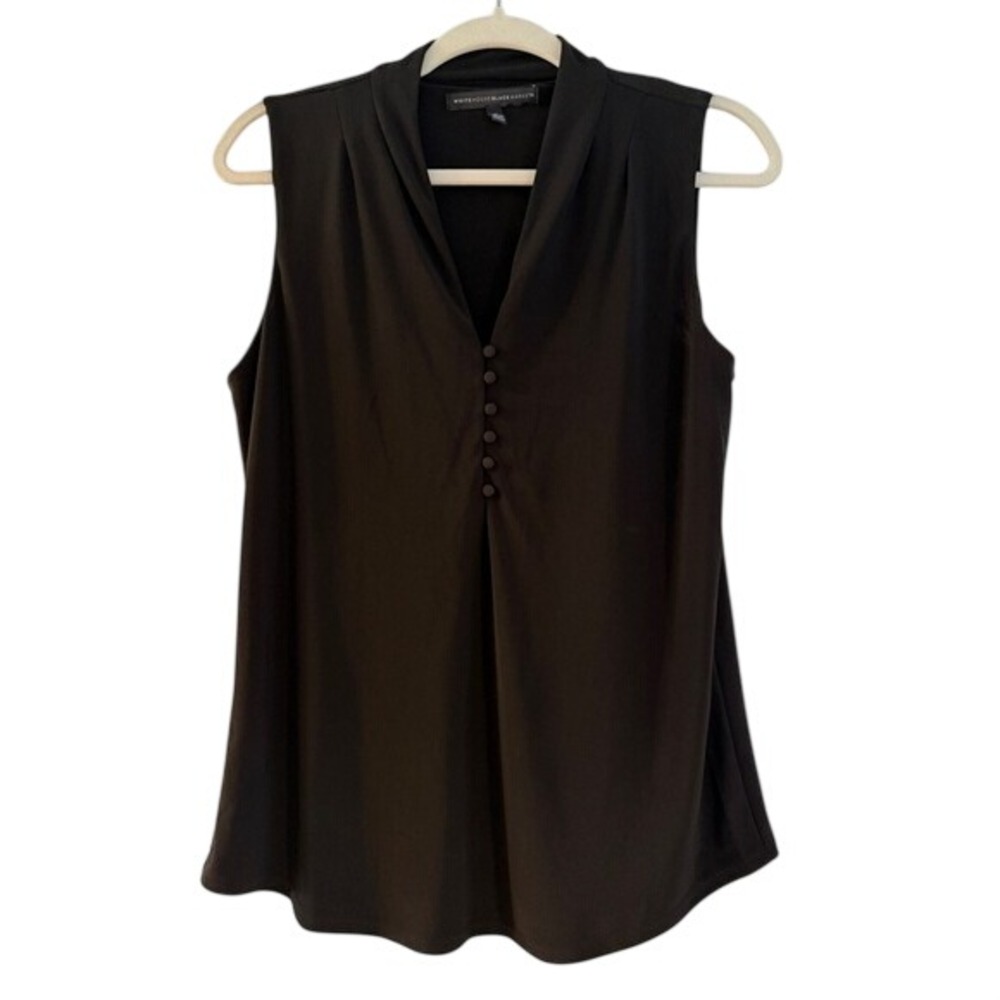White House Black Market Sleeveless V-Neck Button Front Black Blouse Women's M‎